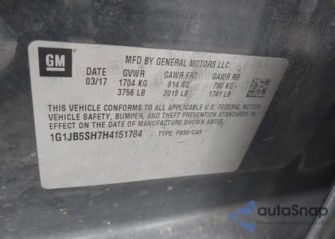 2017 Chevrolet Sonic Ls Auto z USA, uszkodzony, nr VIN 1G1JB5SH7H4151784